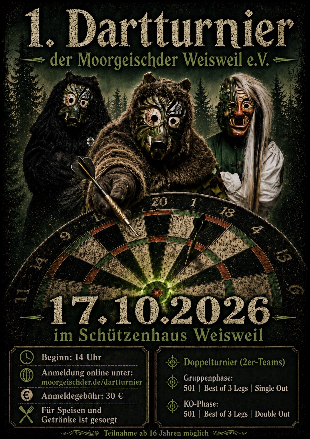 Flyer zum 1. Dartturnier der Moorgeischder am 17.10.2026 im Schützenhaus Weisweil