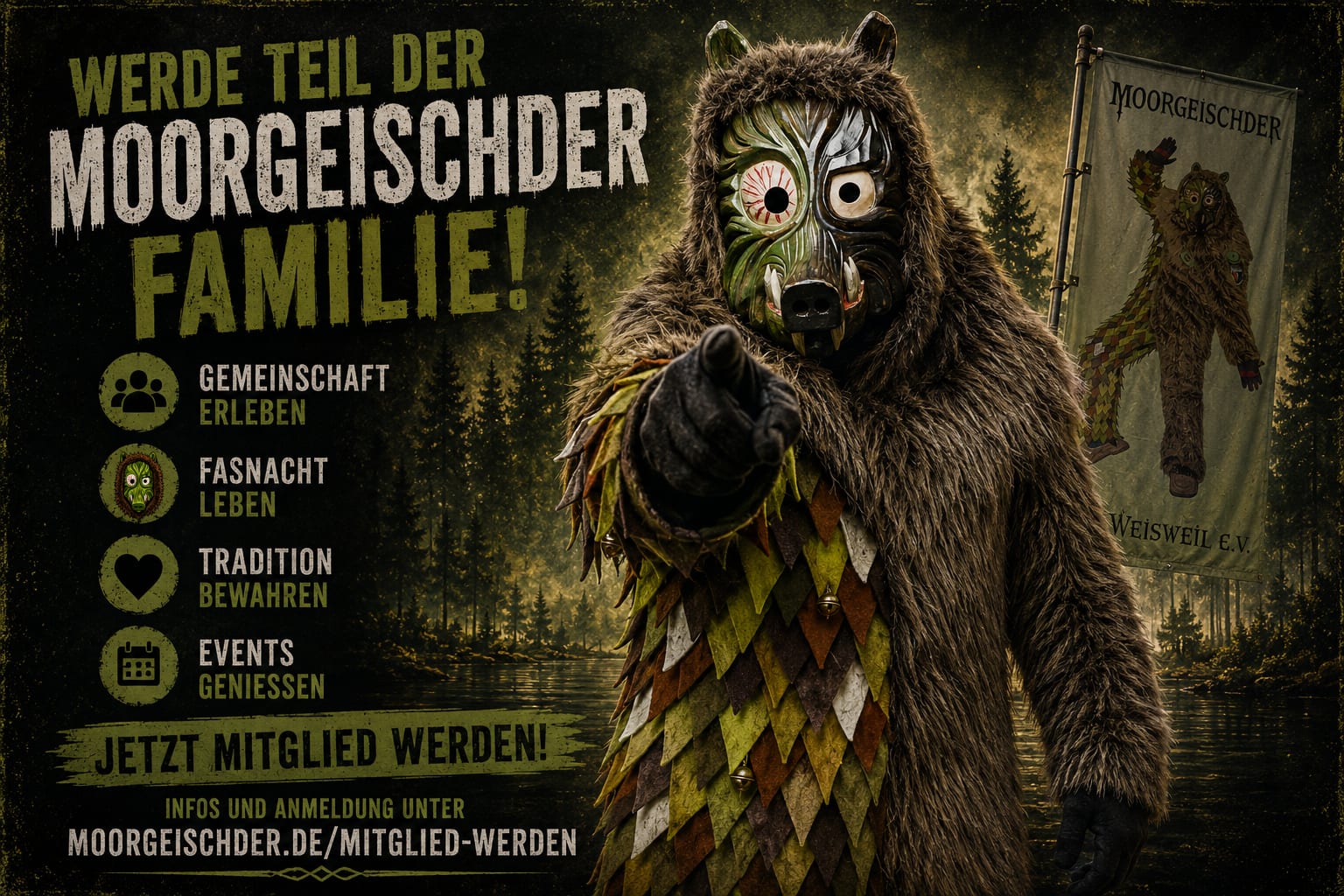 Werde Teil der Moorgeischder Familie! Gemeinschaft erleben, Fasnacht
                  leben, Tradition bewahren, Events genießen. Jetzt Mitglied werden.