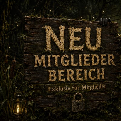 Der Moorgeischd zeigt auf ein Holzschild im Ried: Neu, Mitgliederbereich, exklusiv für Mitglieder