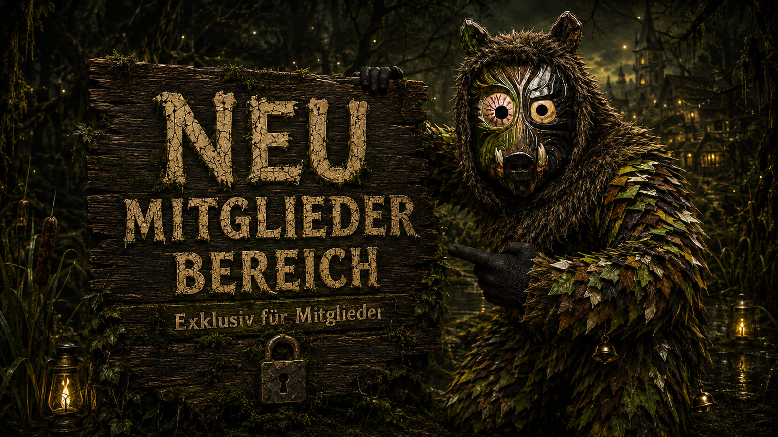 Der Moorgeischd zeigt auf ein Holzschild im Ried: Neu, Mitgliederbereich, exklusiv für Mitglieder