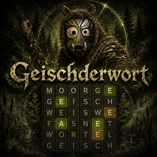 Der Moorgeischd über einem Raster aus Buchstabenkästchen