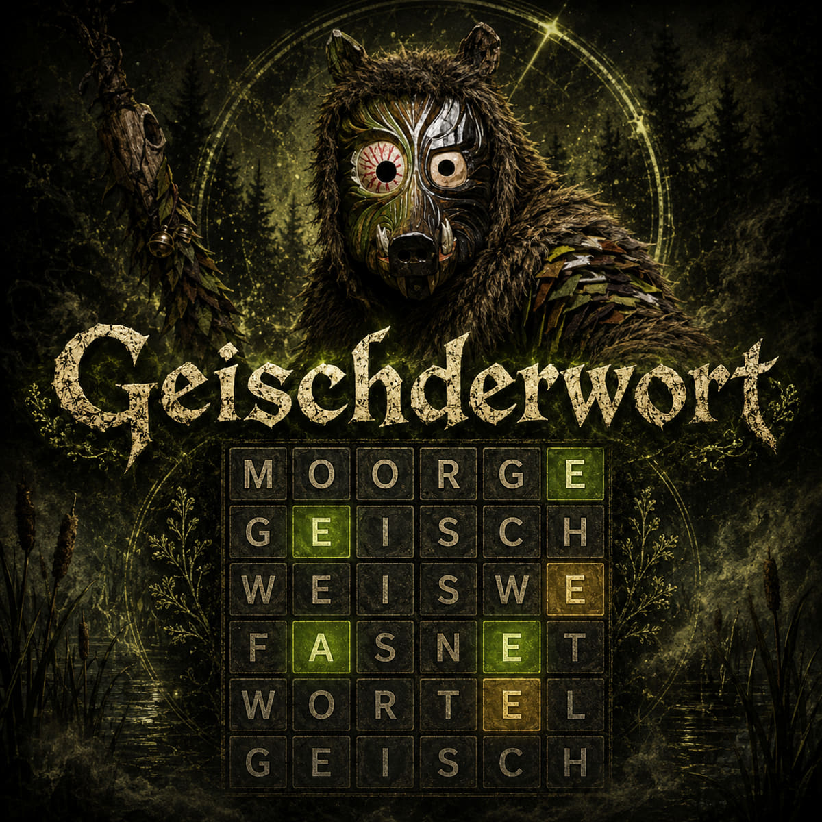 Der Moorgeischd über einem Raster aus Buchstabenkästchen, das Geischderwort der Narrenzunft Moorgeischder Weisweil e.V.