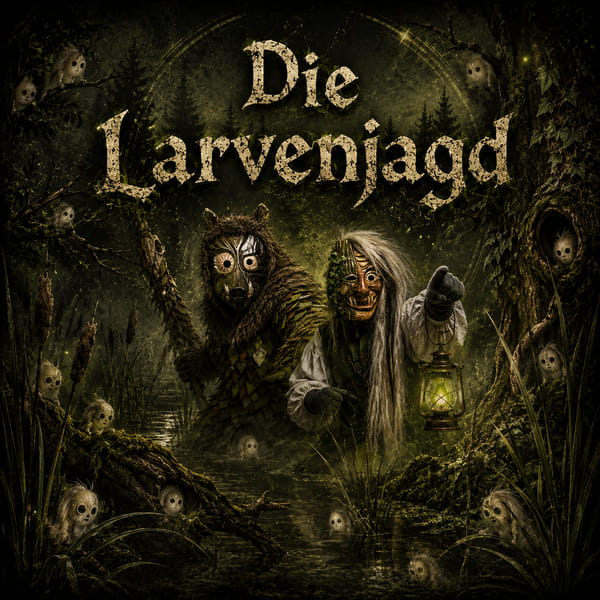 Moorgeischd und Moorlochtrude mit Laterne im nächtlichen Ried, zwischen Ästen und Schilf lauter kleine Geischder