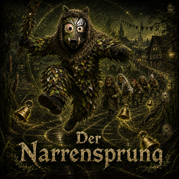 Der Moorgeischd springt durch den Ort, hinter ihm ein Zug aus Narren, überall goldene Schellen