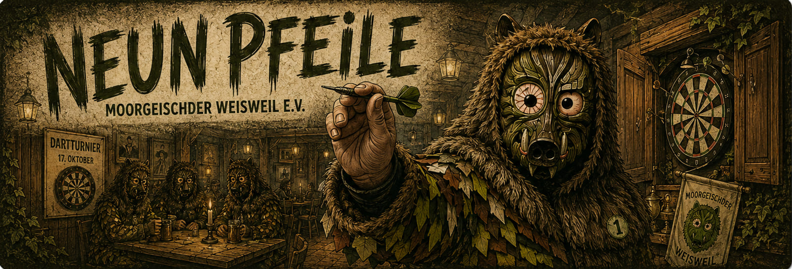 Neun Pfeile: der Moorgeischd mit einem Dartpfeil in der Hand